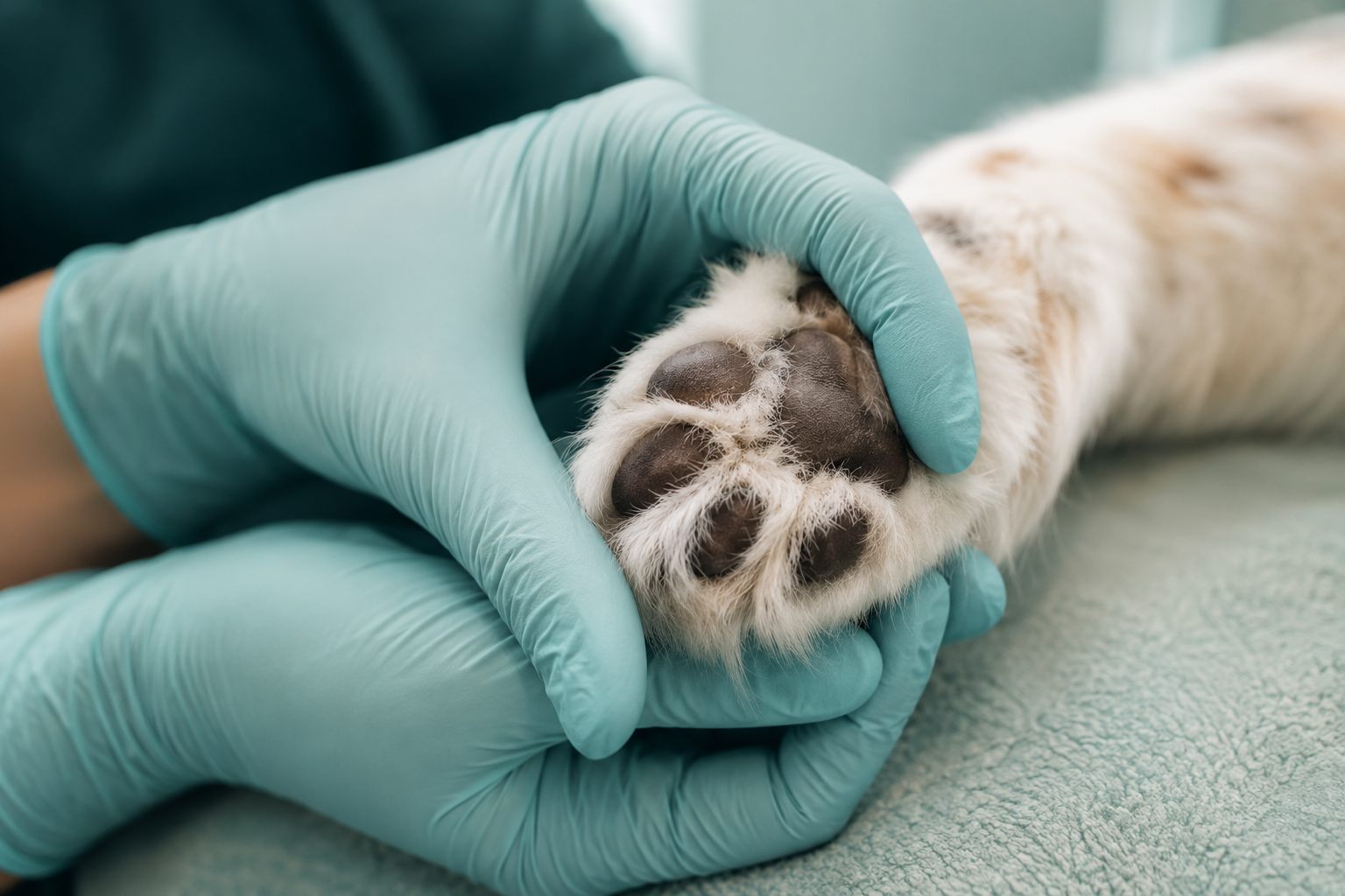 Exploración dermatológica de la pata de un gato